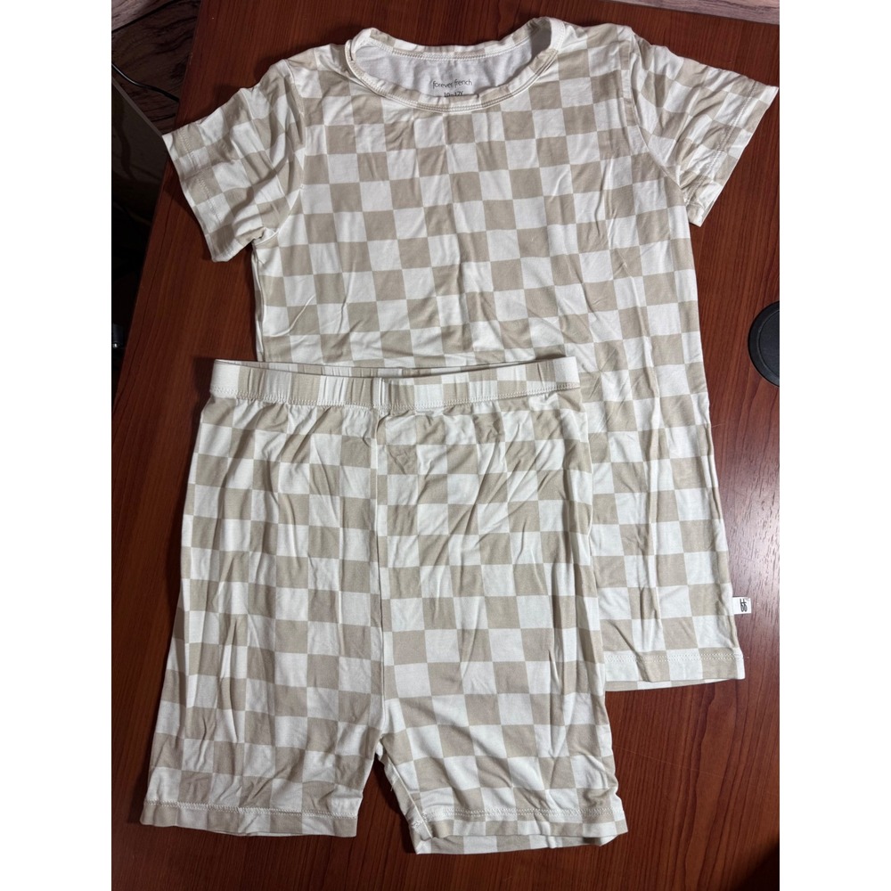 Forever French Baby Kids Pajama Set Tan White Checkered Tee Shorts Size 10-12Y